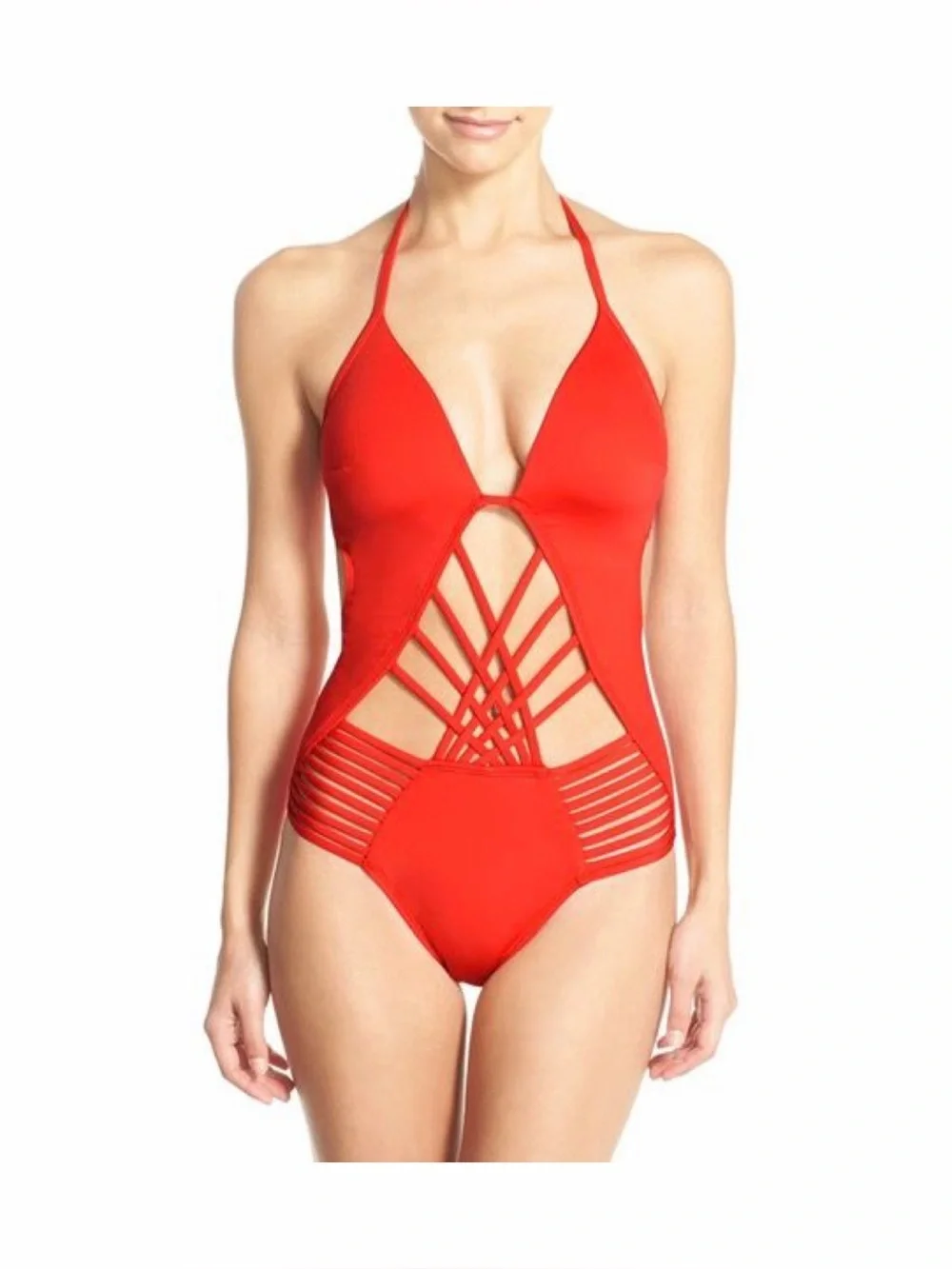 Kenneth Cole Women’s Strappy Cut-Out One Piece Halter Swimsuit M Red